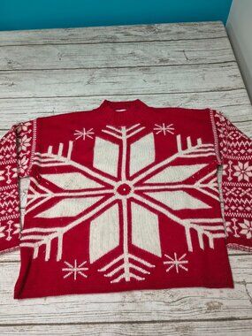 Vintage Knitting Needles Pearl Embellished Angora Snowflake Sweater Red Small